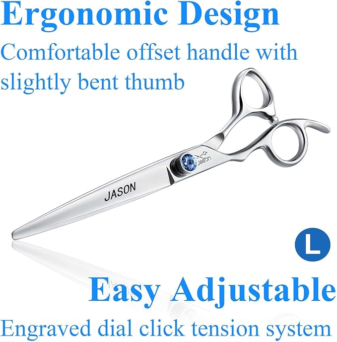 JASON Left Handed 7" Straight Dog Grooming Scissors, Premium Cats Grooming Shears Pets Trimming Kit with Offset Handle and a Jewelled Screw, Sharp, Comfortable