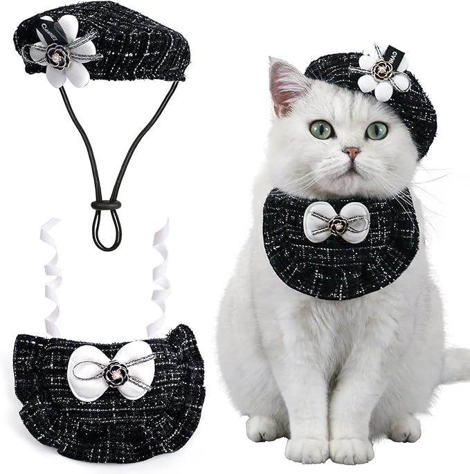 HOWWFALY 2PCS Cat Beret Hat with Camellia, Adjustable Bow Bandana Scarf Set Pet Princess Costume for Halloween Christmas, Cat Dog Birthday Party Apparel (Camellia)
