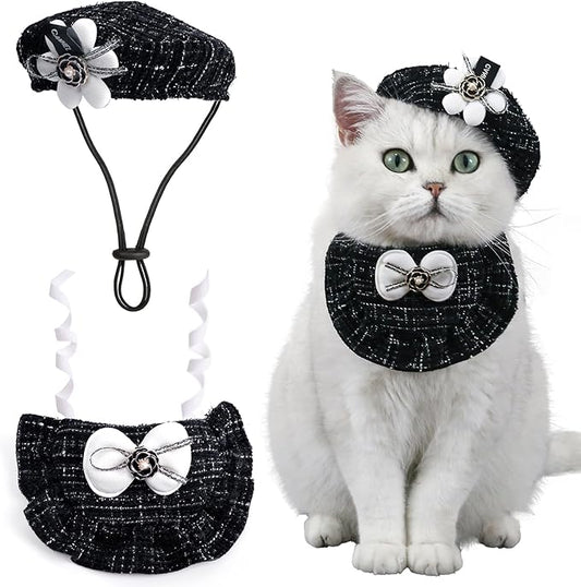 HOWWFALY 2PCS Cat Beret Hat with Camellia, Adjustable Bow Bandana Scarf Set Pet Princess Costume for Halloween Christmas, Cat Dog Birthday Party Apparel (Camellia)
