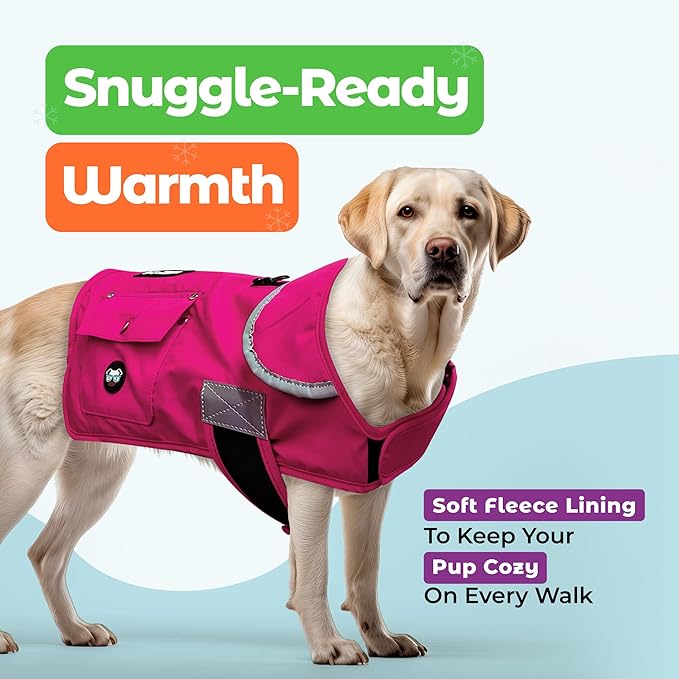 Joyride Harness FrostFlex Dog Winter Jacket - Fleece Lined & Water-Resistant - Snowsuit with Pockets for Treats & Poop Bags - Durable Cold Weather Dog Coat - Pink Berry-XL