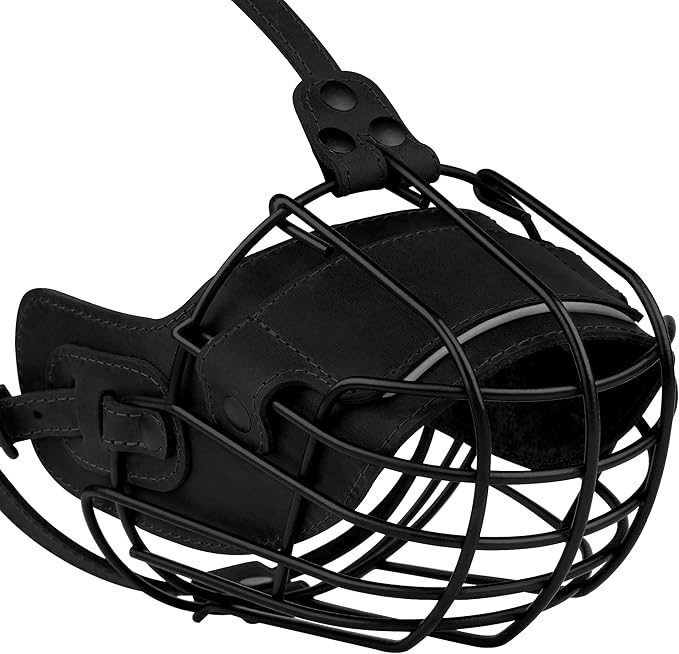 OOPSDOGGY Metal Pitbull Dog Muzzle Reflective Leather Mask Secure Wire Basket Muzzle for Large Sized Dogs Amstaff Soft Cage Muzzle to Prevent Biting Chewing with Adjustable Straps (Black, Pitbull)