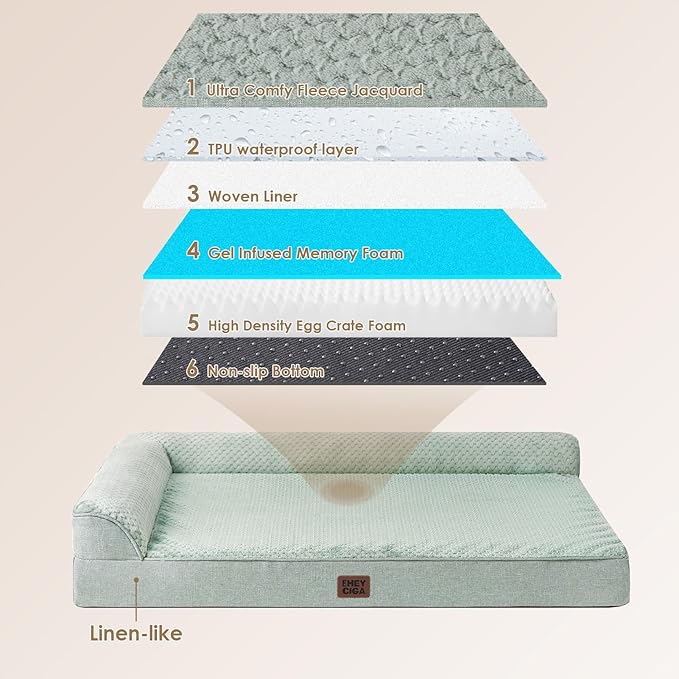 EHEYCIGA Memory Foam Dog Bed Large Sized Dogs, Waterproof Dog Bed Orthopedic with Washable Removable Cover, Non-Slip Pet Bed Couch, 36x27x6 Inches, Greyish Green
