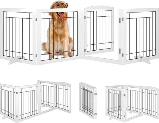 Vantas Folding Pet Gate 96" Wide, 30" Tall No-Assembly Wooden Dog Gate with Door Walk Through, Freestanding Wire Pet Gate, Pet Puppy Safety Fence, with 2PCS Support - White
