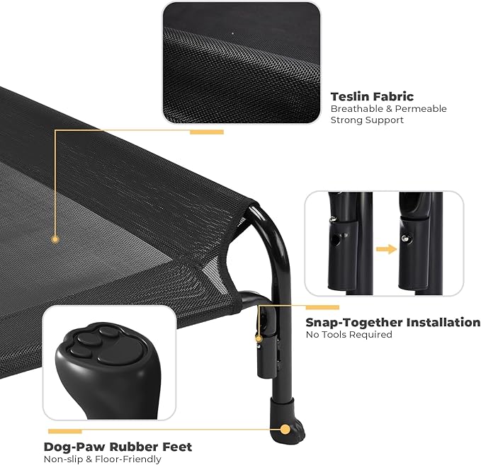 Veehoo Medium Elevated Dog Bed, Outdoor Raised Dog Cot Hammock Bed with One-Sided Removable Headrest Bolster, Cooling Breathable Washable Teslin Mesh, Off Ground, Anti-Slip, M, CWC2204BCP