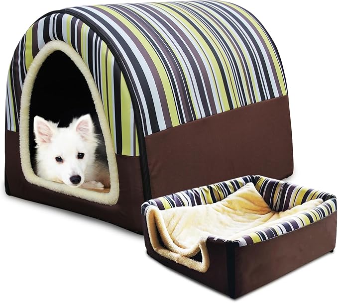 Dog Bed,2 Ways to Use,Indoor Pet House with Fluffy Mat,Removable and Washable Cover,Splash-Proof House and Non-Slip Bottom,for Large Dogs(XL Vertical Stripes)