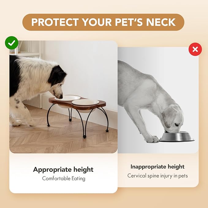 Ceramic 7.1-inch Raised Double-Bowl Set with Non-Slip Stand, Food & Water Dishes for Medium and Large Dogs, Wide Opening with Rounded Edges(Matt White)