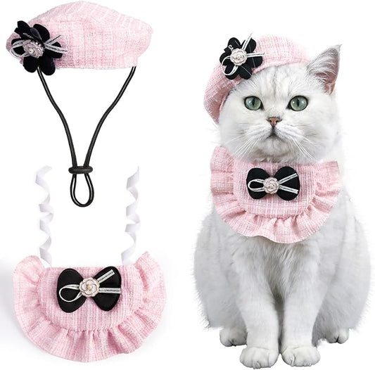 2PCS Cat Beret Hat with Camellia, Adjustable Bow Bandana Scarf Set Pet Princess Costume for Halloween Christmas, Cat Dog Birthday Party Apparel (Camellia)
