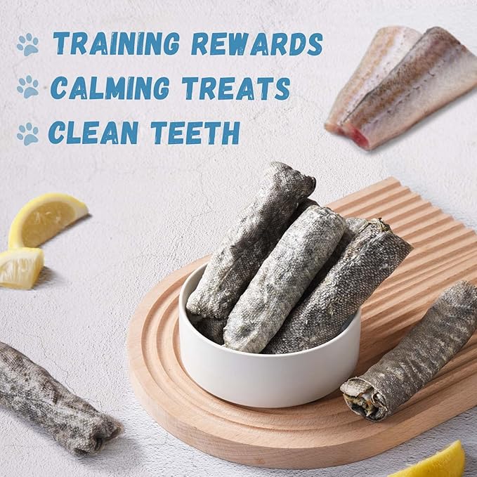 Cod Skin Dog Treats, All-Natural Chew Fish Skin Rolls, Rawhide-Free Natural One-Ingredient Healthy Dog Treat, Rich in Omega3 Protein 10.6 OZ
