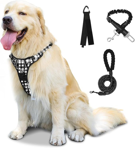 FURRYFECTION Plaid Dog Harness for Medium Dogs | No Pull Reflective Pet Harness | No Choke Adjustable Dog Vest Harnesses | with Leash | Easy Control Handle | Front Lead | Seat Belt | Black&White | M