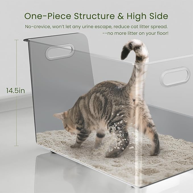 One-Piece Stainless Steel Cat Litter Box, 14.5" High-Sided Metal Litter Pan with Extra Wide Entry, Rust-Proof, Easy to Clean, No Odor, with Wheels & Handles, Perfect for Large or Multi-Cat Homes