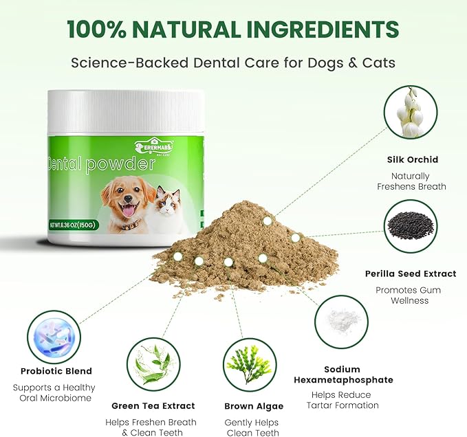 Dog Teeth Cleaning Powder, Dog Dental Powder and Cats Breath Freshener，Bad Breath & Tartar Remover for Dogs,Dog Teeth Cleaning with Enzymes- 60-Day Supply 150g