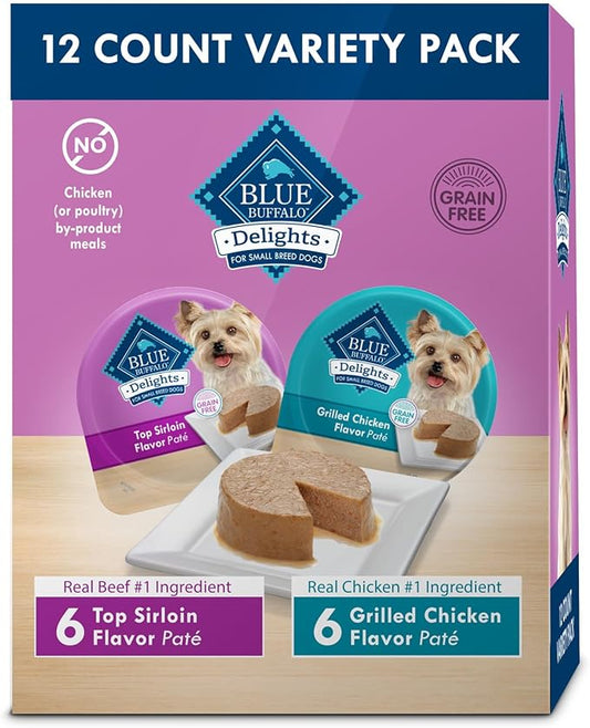 Blue Buffalo Delights Small Breed Natural Wet Dog Food Variety Pack, Top Sirloin Paté and Grilled Chicken Paté, 3.5-oz Cups, 12 Count