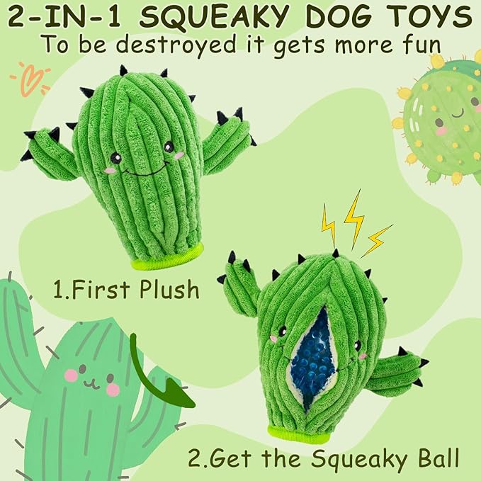 No Stuffing 3 Pack Squeaky Dog Toys- 2 in 1 Interactive Plush Dog Toy- Cactus Shaped Rip and Reveal Toy for Puppies-Indoor & Outdoor Play Training & Toss & Play