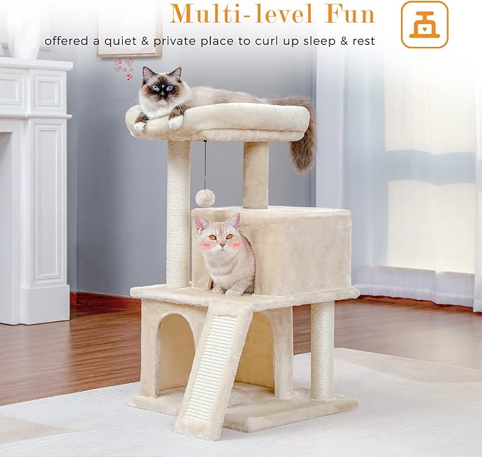 PAWZ Road Cat Tree Luxury Cat Tower with Double Condos, Spacious Perch, Fully Wrapped Scratching Sisal Posts and Replaceable Dangling Balls Beige