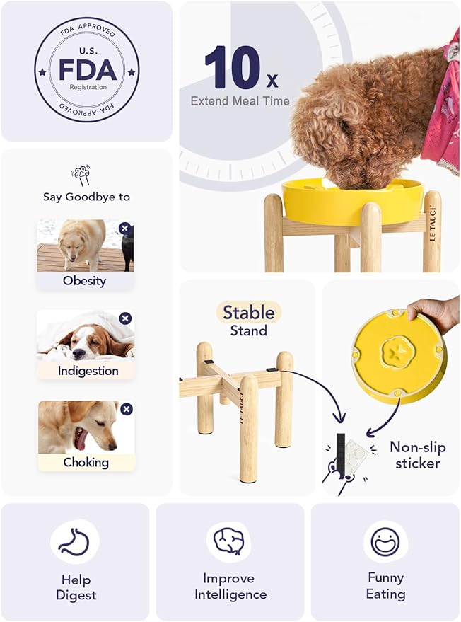 LE TAUCI Ceramic Slow Feeder Puzzle Bowl Elevated 1.5 Cup with Wooden Stand for Small & Medium Dog, Fast Eater Food Bowl, Star Yellow