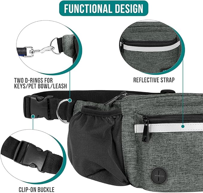 PetAmi Dog Fanny Pack, Treat Pouch for Dog Walking, Training, Built in Poop Bag Dispenser, Water Bottle Holder, Collapsible Bowl, Pet Treat Waist Belt for Hiking, Running, Kibbles (Charcoal)