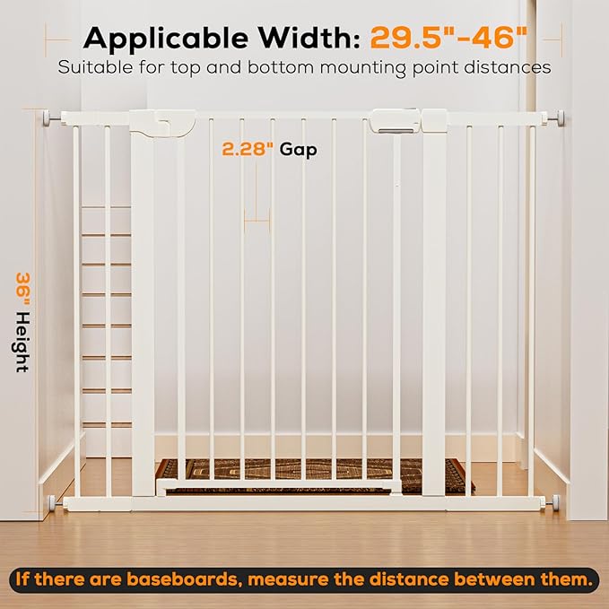 29.5-46" Baby Gate for Stairs, Baby Safety Essentials, Auto Close Gate for Doorways, Easy Install Pressure Mounted Dog Gate Indoor, Pet Gates for Dogs, White