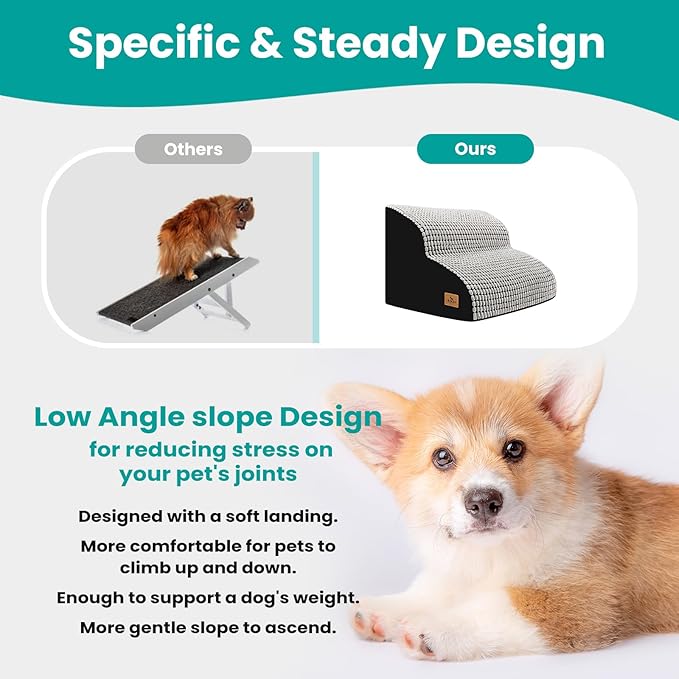 Dog Stairs for Small Dogs, 11.8 in H 2 Step Curved Dog Ramp for Bed and Couch, Foam Dog Ramp with Durable Non-Slip Waterproof Fabric Cover, Pet Stairs for Pets Joints, Light Grey