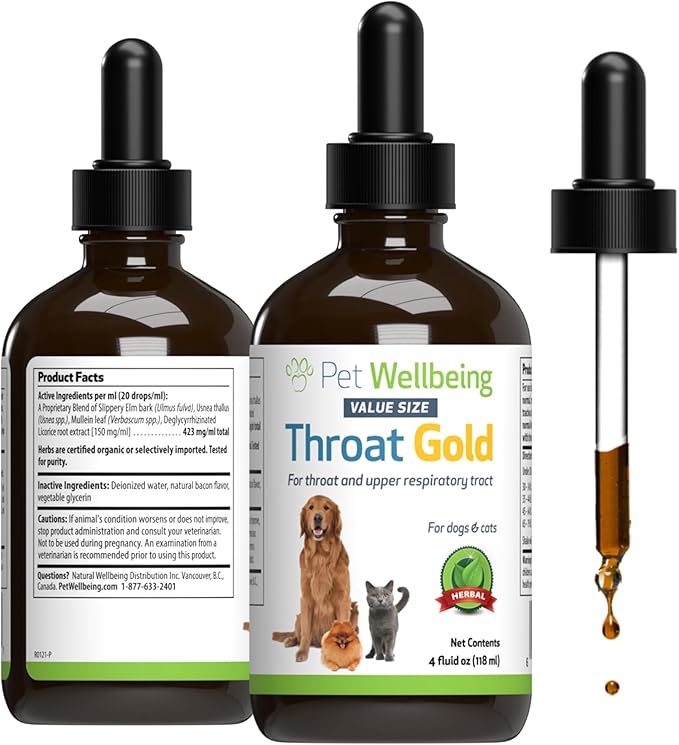Pet Wellbeing Throat Gold for Dogs - Supports Throat Comfort, Upper Respiratory Health, Slippery Elm, Mullein, Occasional Throat Hoarseness - Veterinarian-Formulated Herbal Supplement 4 oz (118 ml)