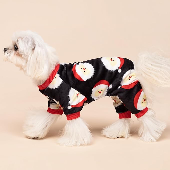 Fitwarm Santa Claus Dog Christmas Pajamas, Winter Doggy Clothes for Small Dogs Boy Girl, Fleece Dog Jammies with Feet, Holiday Pet Outfit, Black, White, Red, XS