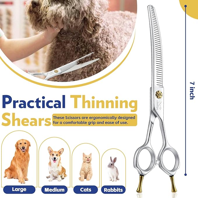 JASON Dog Thinners for Grooming - 7" Down-curved Blender Scissors with 30%-35% Thinning Rate, Japanese 440C Stainless Steel Dog Grooming Thinning Shears with Adjustable Screw (40 Teeth, Silver)