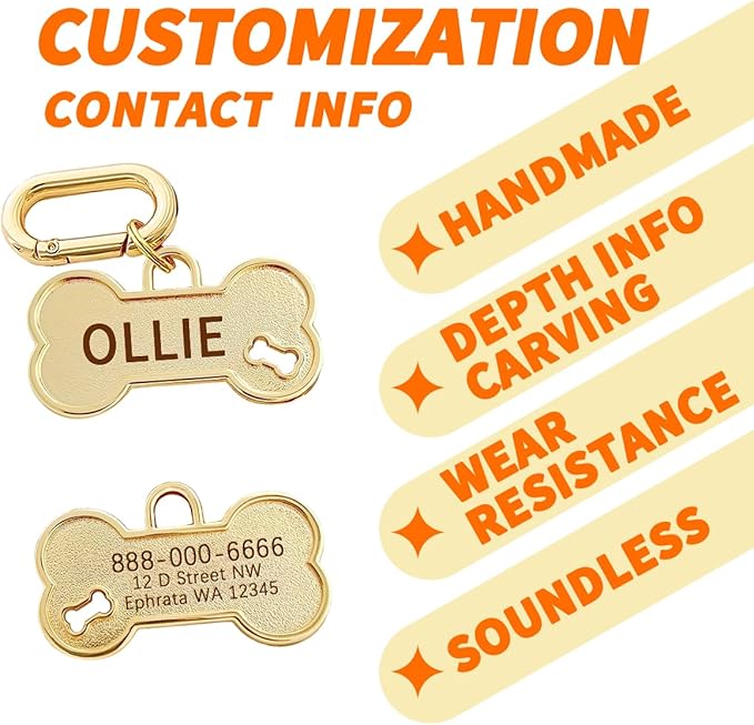 Dogs ID Tags Personalized Front and Back Engraving Brass Bone Shape Large..