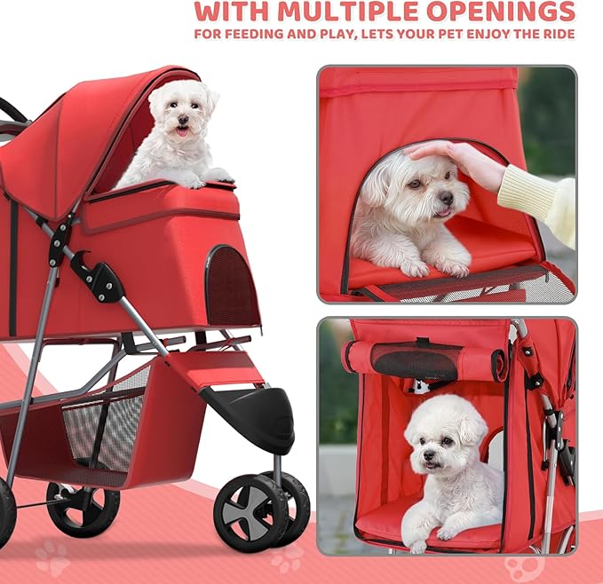 Magshion 3-Wheel Pet Stroller, Foldable Travel Jogger for Small & Medium Dogs & Cats (Up to 33lbs), Lightweight Carrier with Breathable Mesh Cover, Cup Holder & Storage Basket, Red