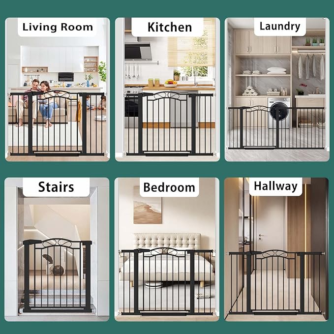 76.4"-81.8" Extra Wide Baby Gate for Doorways, Pressure Mount Metal Long Dog Gates for House Stairs, Auto Close Safety Child Gate with Walk Thru Door No Drilling, Large Tension Pet Gate Indoor, Black