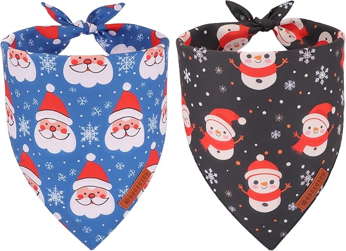 ADOGGYGO Christmas Dog Bandanas 2 Pack, Reversible Triangle Santa Snowman Pet Xmas Scarf, Adjustable Fit Christmas Bandanas for Medium Large Dogs Pets (Large)
