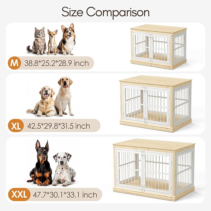 Dog Crate Furniture for Dogs - 42inch Large Dog Crate Sideboard and TV Stand, Solid Wood Chew-Proof and Silent Latches Design for Large and Medium Dogs, Wood Dog Kennel-(White+Natural)