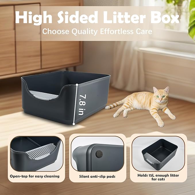 Large Cat Litter Box with High Sides and Low Entry,Open Top Litter Pan with Litter Trapping Pedal for Indoor Big Cats,Kittens and Multicat Homes,Easy to Clean,Anti-Urine Leakage (White)