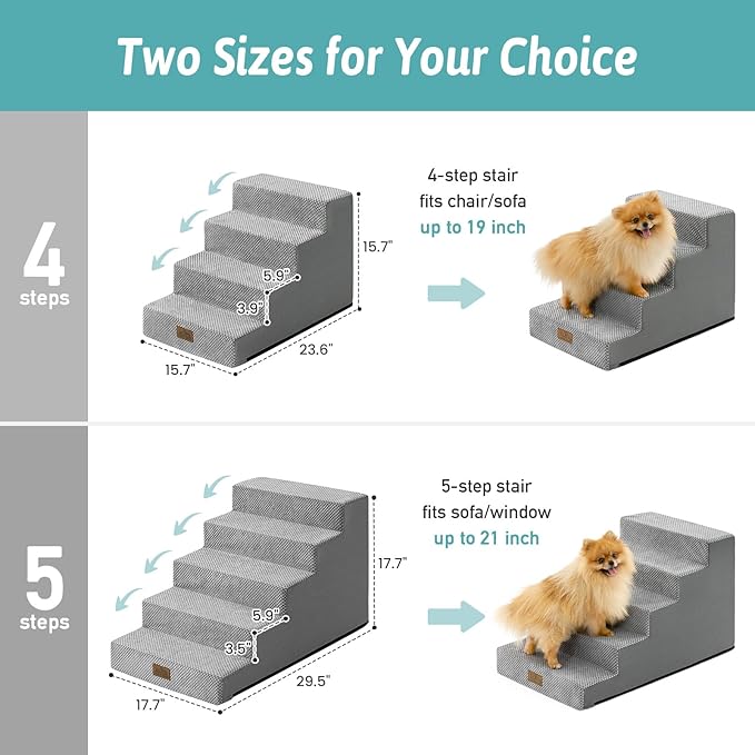 Slope Dog Stairs for Small Dogs 17.7" H, Pet Steps for Bed, Couch with Certified Foam, Non-Slip Dog Ramp Ladder for Puppy Older Cats, 5 Step, Grey