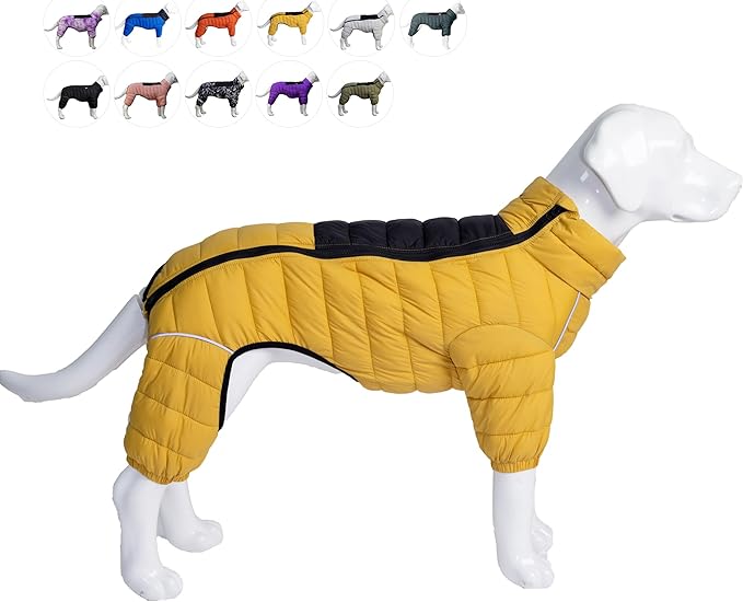 Lovelonglong Dog Coat Dog Warm Jacket, 4 Legs Covered Waterproof Windproof Reflective Warm Dog Vest, Zippered Adjustable Outdoor Dog Snow Jacket for Small Medium Large Dogs Yellow XXXL