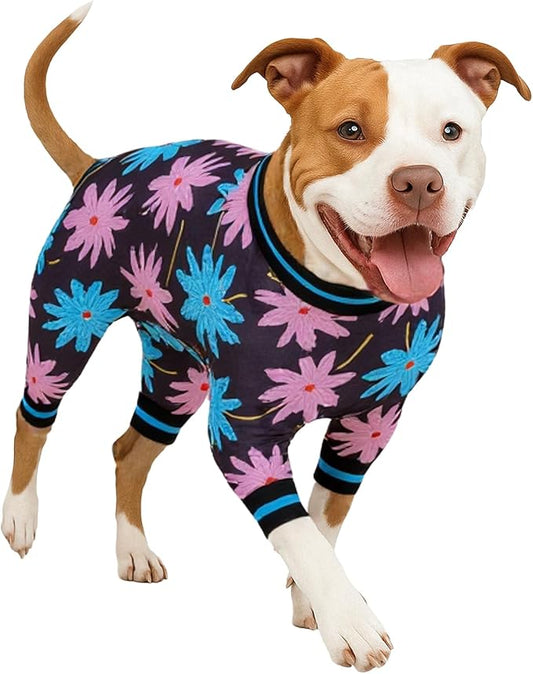 LovinPet Dog Recovery Bodysuit for Medium Dogs Girl, Lightweight Stretchy Fabric, Black, Turquoise Leaf Print, Medium Surgery Recovery PJs, Easy to Wear Adorable Bodysuit