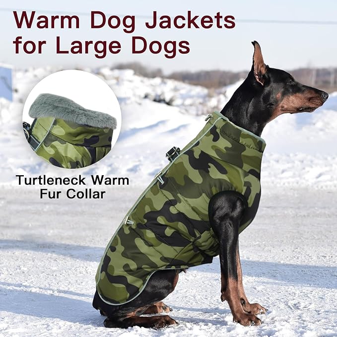 Dog Winter Jacket - 3X Large, Warm Zip Up Snowsuit Dog Harness Vest, Reflective, Water-Resistant, Camouflage