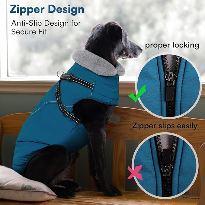Queenmore Small Dog Coat,Dog Coat for Small Dogs,Reflective Windproof Dogs Jackets with Built-in Harness,Doggy Winter Jacket with Zipper On Back,Warm Pet Coats with Fleece Lining,Blue,S