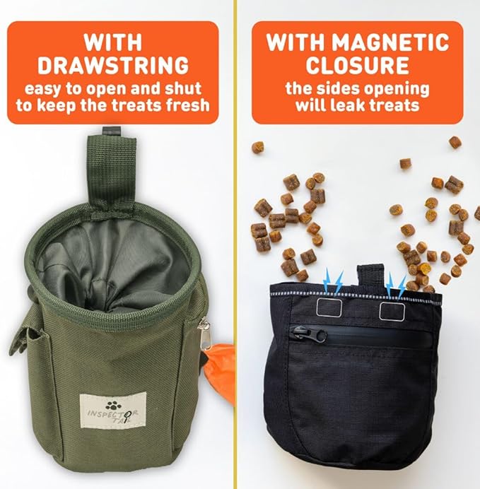 INSPECTOR TAIL Dog Treat Pouch w Drawstring to Prevent Spills | 2 Cup Tote | Hands Free w 4 Ways to Wear Puppy Bag w Pockets for Snacks Poop Bags Keys & Cards | Pet Training Walking & Rewarding Holder
