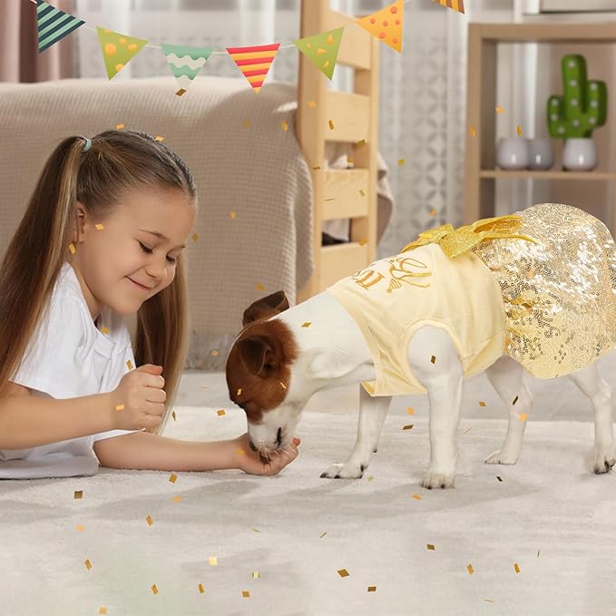 Birthday Dog Dress with Gold Sparkly Sequin Princess Dog Clothes for Small Medium Large Dogs Girls Boys Cats Outfit Apparel