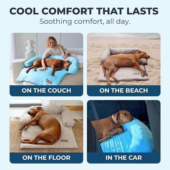Pelsbarn Cooling Dog Bed - Ice Silk Summer Comfort, Self Cooling, Non-Slip Dog Cover, Durable & Washable, Bed for Medium to Large Dogs 86x86 cm, Support Shelter Dogs with Every Purchase (Beige)