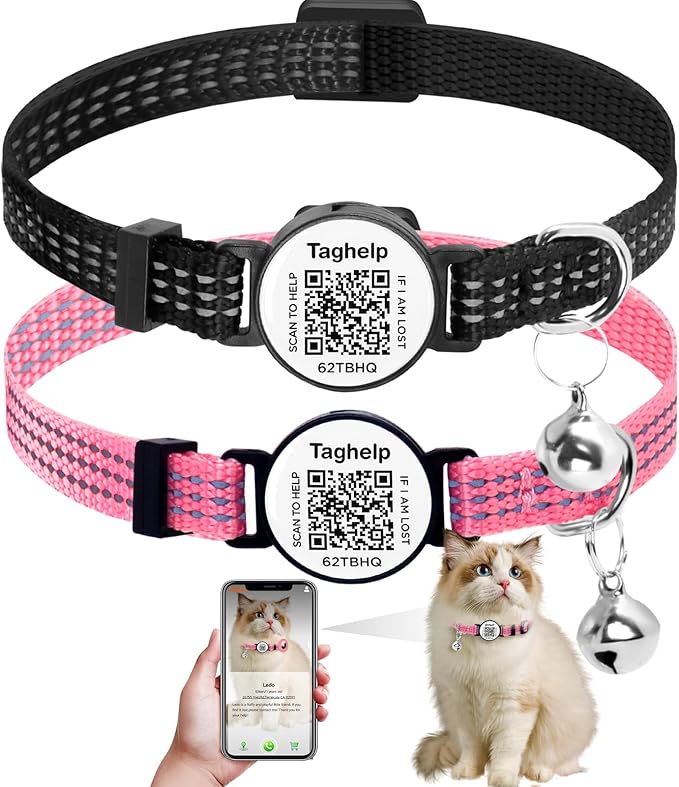 2-Pack Reflective-Breakaway Cat Collars with Bells with QR Code Name Tag, Cat ID Tag Personalized,Smart ID tag Cat Collar,Ideal for Girl Cats Male Cats Kittens Puppies (Black&Pink,NO airtag Holder)