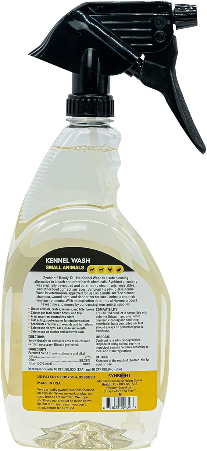 Synbiont Kennel Wash 32 oz Ready to Use - Cleaner & Deodorizer for Birds, Cats, Dogs, Rabbits, Chickens - Dog Kennel Deodorizer Alternative - Pet Shampoo