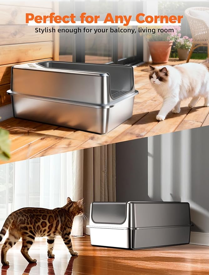 PETNF All Stainless Steel Cat Litter Box, High Sided Large Metal Litter Box - Leak-Proof, Anti-Litter Tracking, Easy Clean for Big Cats, Multi-Cat Households, 24"L x 18"W x 12"H (Silver White, 2 PACK)