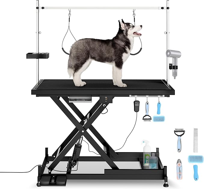 Electric Pet Grooming Table for Large Dogs - Professional Heavy Duty Height Adjustable Pet Grooming Station with Anti Slip Tabletop, Two Nooses & Tool Organizer, Maximum Capacity Up to 250 lbs Black