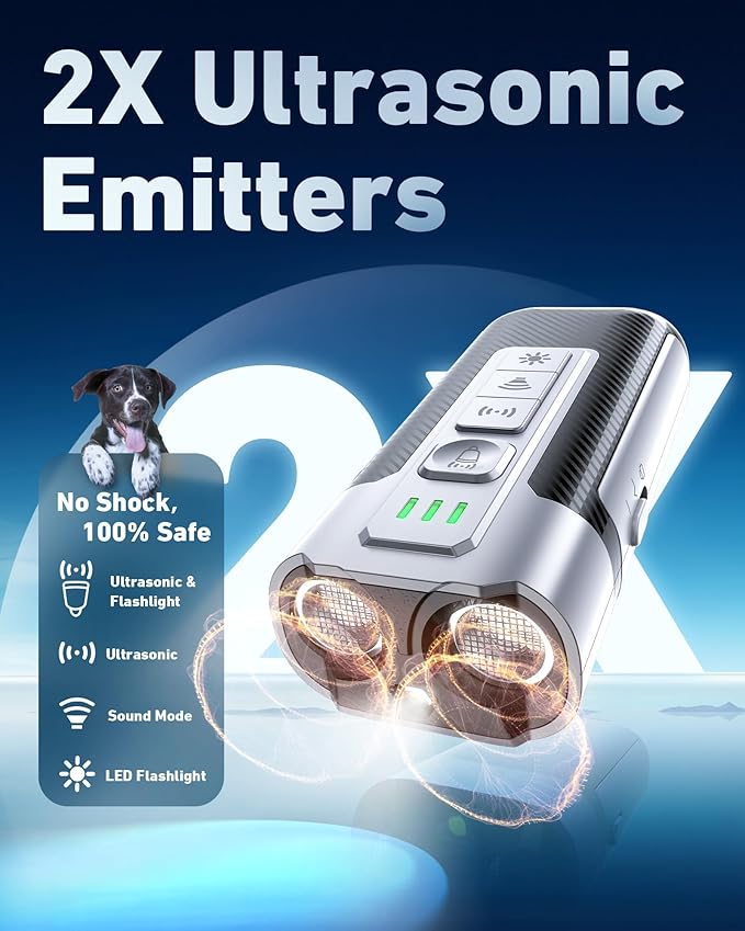 Dog Bark Deterrent Devices-Ultrasonic Anti Barking Device for Dogs with 50ft Range, Rechargeable No Barking Device for Own or Neighbor's Dogs, Portable Safe for Dogs/Humans,Silver