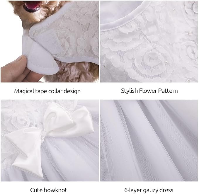 ASENKU Dog Dress Pet Wedding Dress Princess Lace Puppy Birthday Party Outfit Formal Apparel Girl for Small Medium Dogs Cats (Large, White)