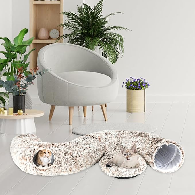 Plush Cat Tunnel Bed for Indoor Cats, Collapsible Cat Donut Tunnel with Central Mat, Fluffy Cats Cave Tube with Hanging Ball for Kitten Rabbit Puppy Ferret, Coffee