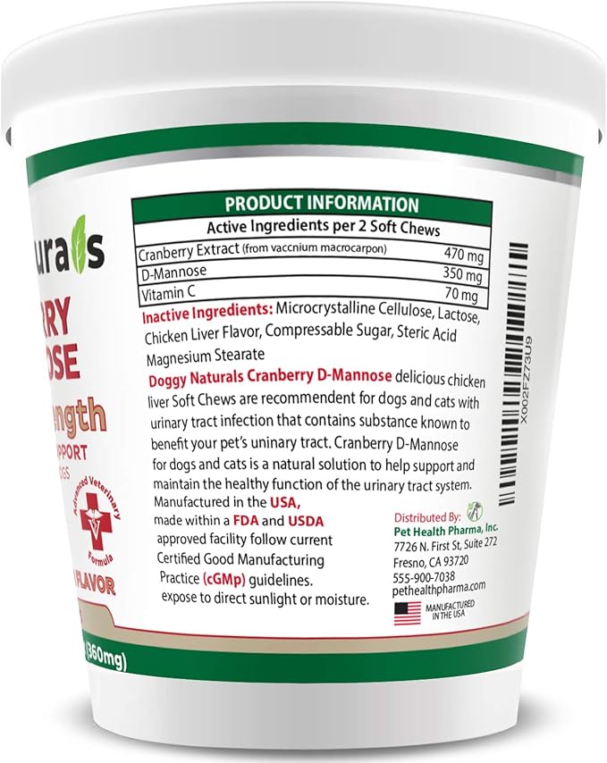 Cranberry D-Mannose for Dogs and Cats Urinary Tract Infection Support Prevents and Eliminates UTI, Bladder Infection Kidney Support 11.4 oz (Double Strength Soft Chew, 120 Soft Chew)