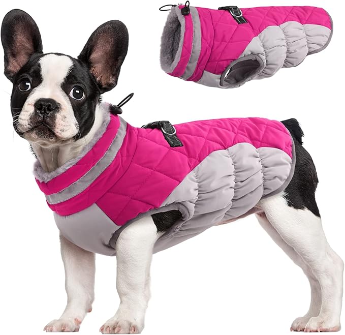 FUAMEY Dog Coat, Medium, Pink, Faux Fur - Waterproof, Windproof, Reflective Cold Weather Coat with Built-in Harness, Fits Dogs 11 lbs and Up
