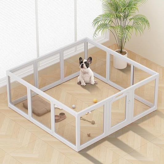 Clear Acrylic Dog Playpen Indoor, Puppy Cat Small Pet Play Pen, Pet Cat Foldable Playpen for Rabbits, Dog Fence Crate Kennel Whelping Cage (Grey, 12 Panel)