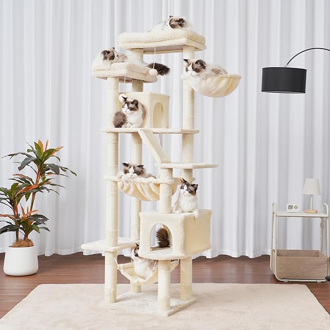 Heybly Cat Tree, 71-Inch-Tall Tower for Indoor Cats with 2 Perches, 2 Big Condos, 2 Hammocks, Basket, Scratching Pad, Large Cat Furniture and Condo, Beige HCT034M